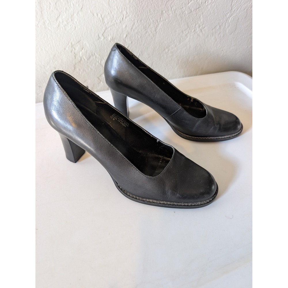 Aerosoles Womens Black Leather Pumps Round Toe Block Heel Career Shoes sz 6.5